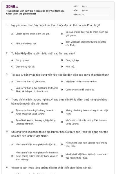 Trắc nghiệm Lịch Sử 9 Bài 14 (có đáp án): Việt Nam sau Chiến tranh thế giới thứ nhất