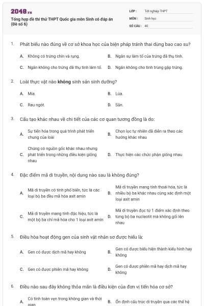 Tổng hợp đề thi thử THPT Quốc gia môn Sinh có đáp án (Đề số 6)