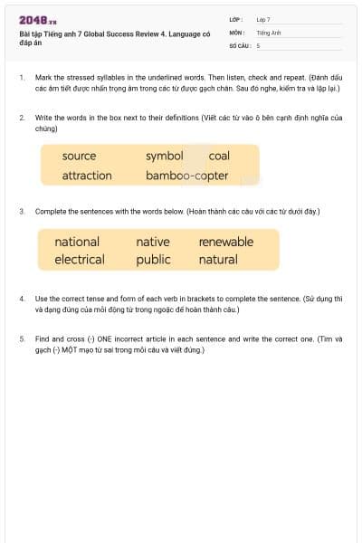 Bài tập Tiếng anh 7 Global Success Review 4. Language có đáp án