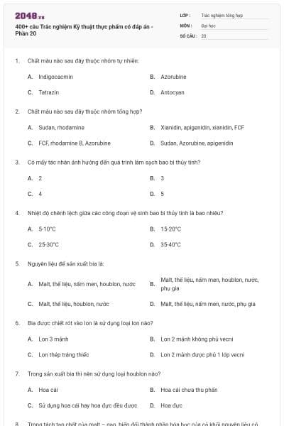 400+ câu Trắc nghiệm Kỹ thuật thực phẩm có đáp án - Phần 20