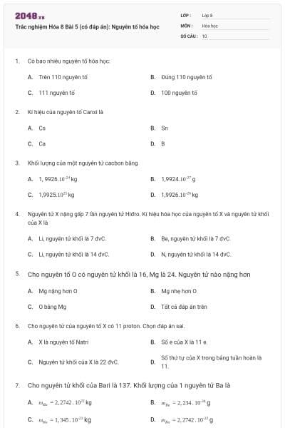 Trắc nghiệm Hóa 8 Bài 5 (có đáp án): Nguyên tố hóa học