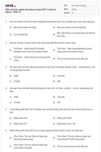 500+ câu trắc nghiệm Kỹ năng sử dụng CNTT cơ bản có đáp án - Phần 13
