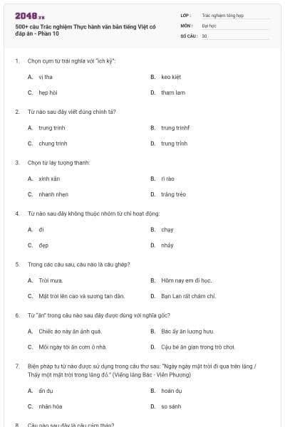 500+ câu Trắc nghiệm Thực hành văn bản tiếng Việt có đáp án - Phần 10