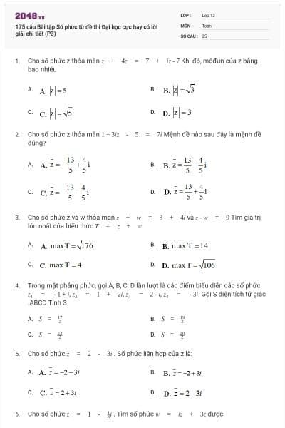 175 câu Bài tập Số phức từ đề thi Đại học cực hay có lời giải chi tiết (P3)