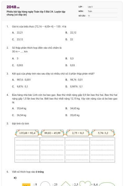 Phiếu bài tập hàng ngày Toán lớp 5 Bài 24. Luyện tập chung (có đáp án)