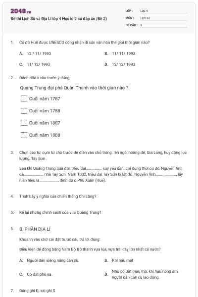 Đề thi Lịch Sử và Địa Lí lớp 4 Học kì 2 có đáp án (Đề 2)