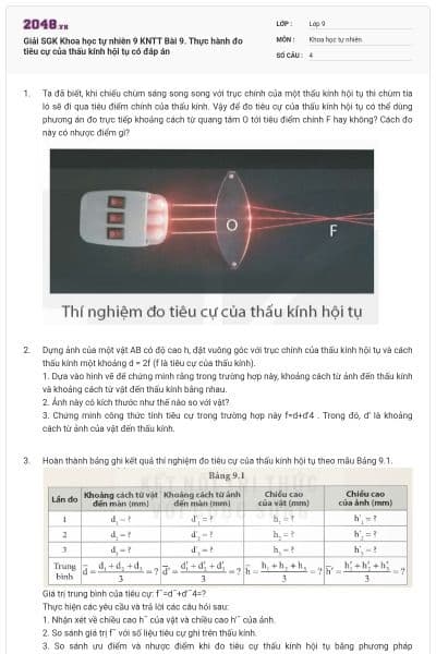 Giải SGK Khoa học tự nhiên 9 KNTT Bài 9. Thực hành đo tiêu cự của thấu kính hội tụ có đáp án