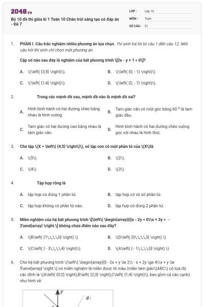 Bộ 10 đề thi giữa kì 1 Toán 10 Chân trời sáng tạo có đáp án - Đề 7