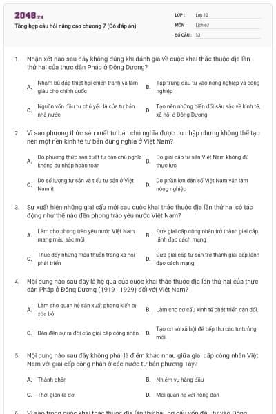 Tông hợp câu hỏi nâng cao chương 7 (Có đáp án)