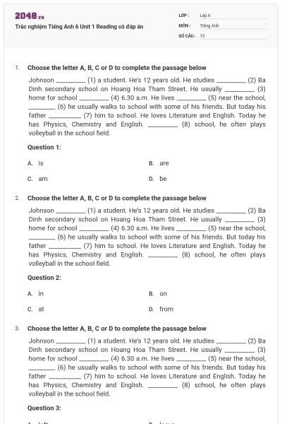 Trắc nghiệm Tiếng Anh 6 Unit 1 Reading có đáp án