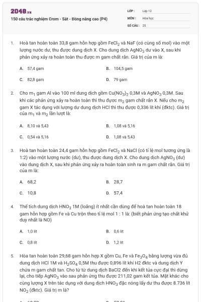 150 câu trắc nghiệm Crom - Sắt - Đồng nâng cao (P4)