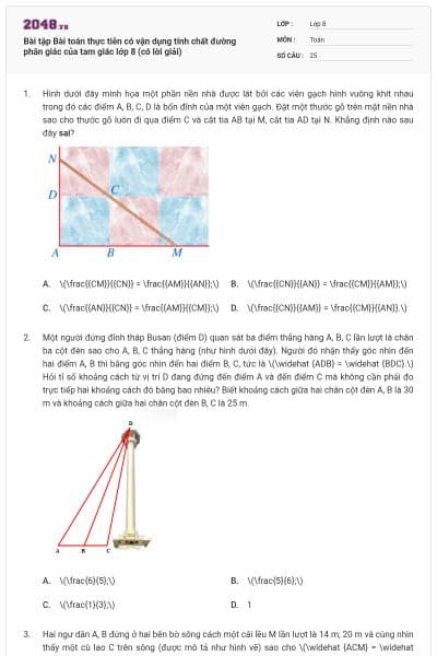 Bài tập Bài toán thực tiễn có vận dụng tính chất đường phân giác của tam giác lớp 8 (có lời giải)