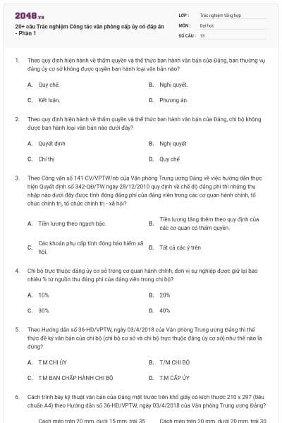 20+ câu Trắc nghiệm Công tác văn phòng cấp ủy có đáp án - Phần 1