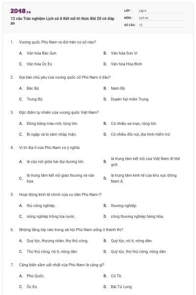 12 câu Trắc nghiệm Lịch sử 6 Kết nối tri thức Bài 20 có đáp án