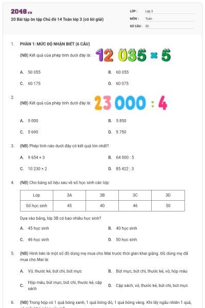 20 Bài tập ôn tập Chủ đề 14 Toán lớp 3 (có lời giải)