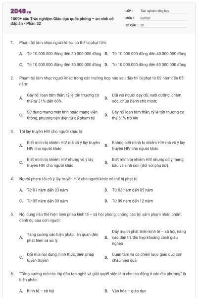 1000+ câu Trắc nghiệm Giáo dục quốc phòng – an ninh có đáp án - Phần 32