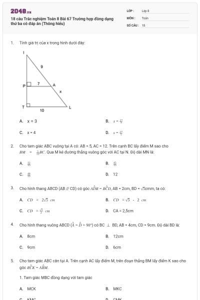 18 câu Trắc nghiệm Toán 8 Bài 67 Trường hợp đồng dạng thứ ba có đáp án (Thông hiểu)