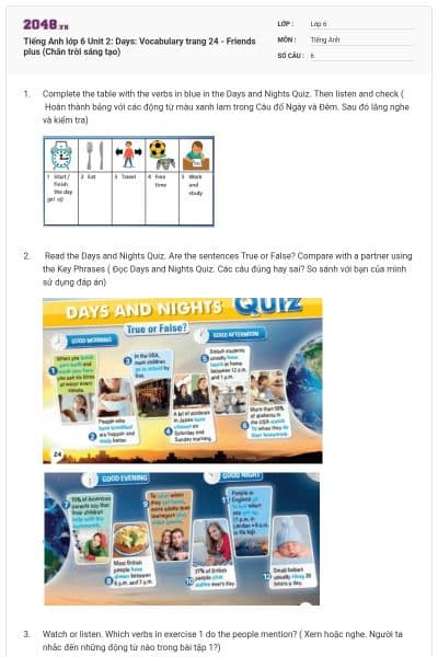 Tiếng Anh lớp 6 Unit 2: Days:  Vocabulary trang 24 - Friends plus (Chân trời sáng tạo)
