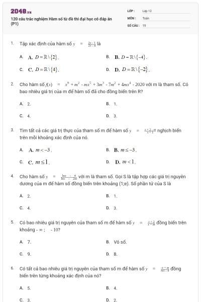 120 câu trắc nghiệm Hàm số từ đề thi đại học có đáp án (P1)