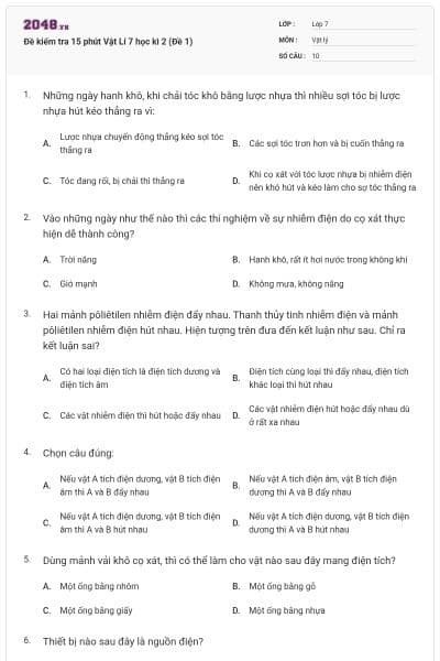 Đề kiểm tra 15 phút Vật Lí 7 học kì 2 (Đề 1)
