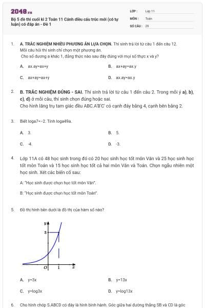 Bộ 5 đề thi cuối kì 2 Toán 11 Cánh diều cấu trúc mới (có tự luận) có đáp án - Đề 1