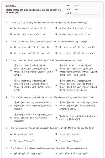 Bài tập Bài tập liên quan đến tính chất của cấp số nhân lớp 11 (có lời giải)