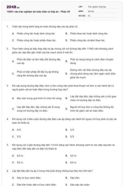 1000+ câu trắc nghiệm An toàn điện có đáp án - Phần 39