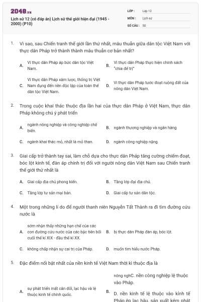 Lịch sử 12 (có đáp án) Lịch sử thế giới hiện đại (1945 - 2000) (P10)