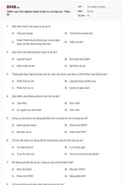 1000+ câu Trắc nghiệm Quản lý đầu tư (có đáp án) - Phần 26