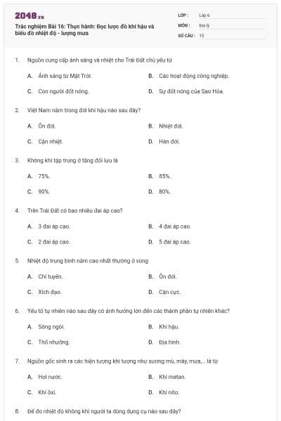 Trắc nghiệm Bài 16: Thực hành: Đọc lược đồ khí hậu và biểu đồ nhiệt độ - lượng mưa