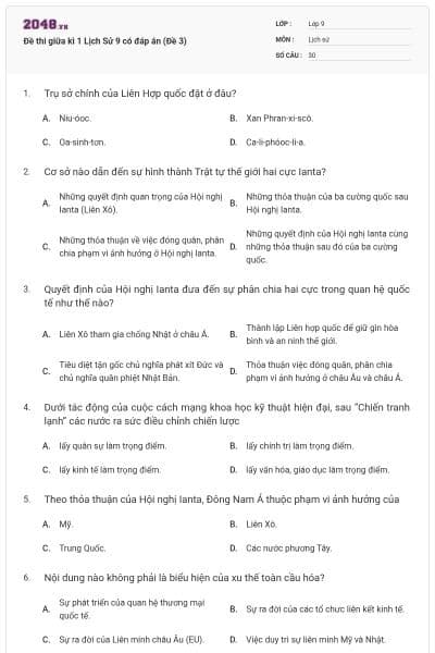 Đề thi giữa kì 1 Lịch Sử 9 có đáp án (Đề 3)
