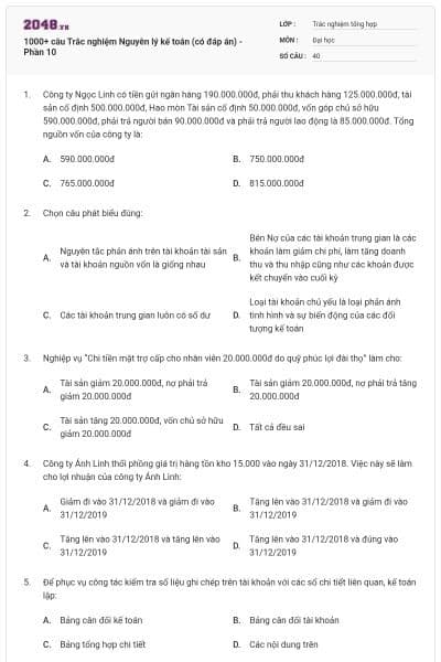 1000+ câu Trắc nghiệm Nguyên lý kế toán (có đáp án) - Phần 10