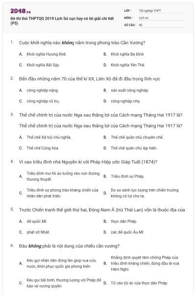 Đề thi thử THPTQG 2019 Lịch Sử cực hay có lời giải chi tiết (P5)