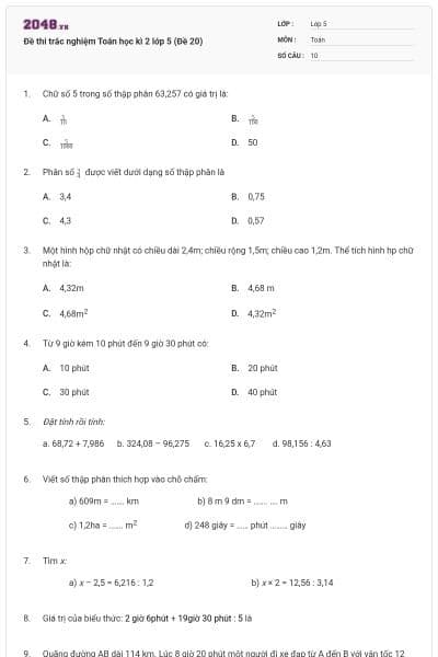 Đề thi trắc nghiệm Toán học kì 2 lớp 5 (Đề 20)