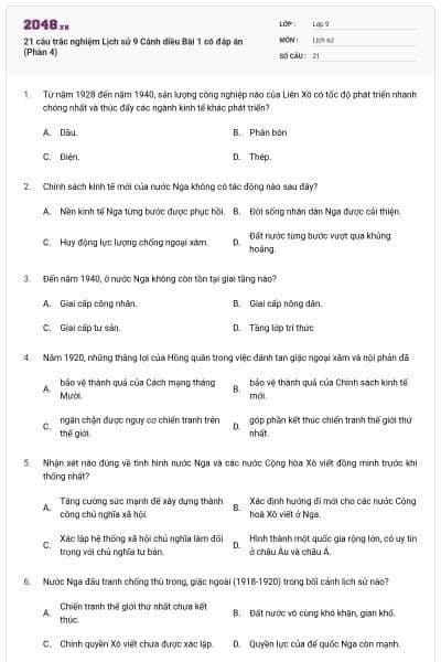 21 câu trắc nghiệm Lịch sử 9 Cánh diều Bài 1 có đáp án (Phần 4)
