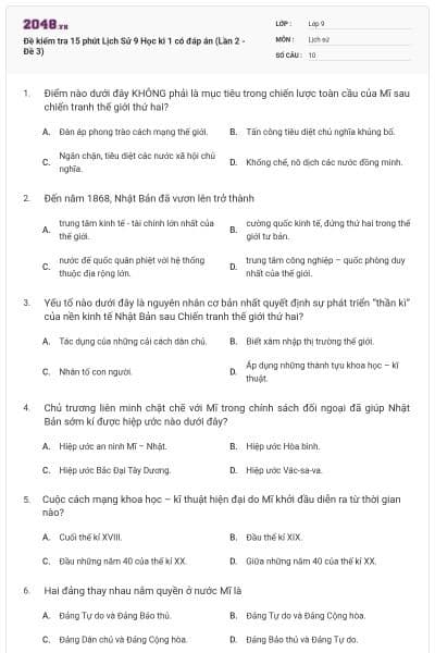 Đề kiểm tra 15 phút Lịch Sử 9 Học kì 1 có đáp án (Lần 2 - Đề 3)