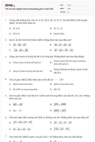 100 câu trắc nghiệm Vecto trong không gian cơ bản (P5)