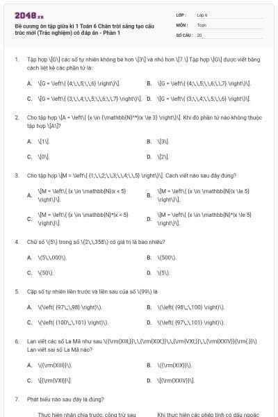 Đề cương ôn tập giữa kì 1 Toán 6 Chân trời sáng tạo cấu trúc mới (Trắc nghiệm) có đáp án - Phần 1