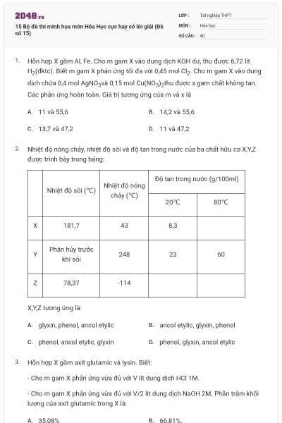 15 Bộ đề thi minh họa môn Hóa Học cực hay có lời giải (Đề số 15)