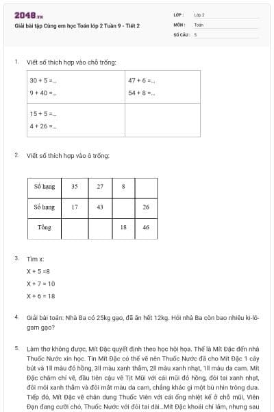 Giải bài tập Cùng em học Toán lớp 2 Tuần 9 - Tiết 2