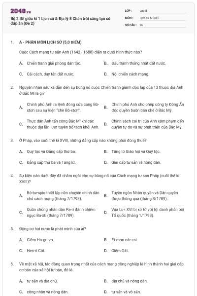 Bộ 3 đề giữa kì 1 Lịch sử & Địa lý 8 Chân trời sáng tạo có đáp án (Đề 2)