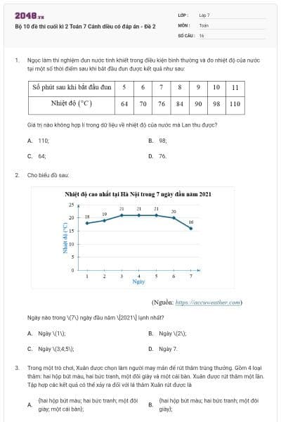 Bộ 10 đề thi cuối kì 2 Toán 7 Cánh diều có đáp án - Đề 2