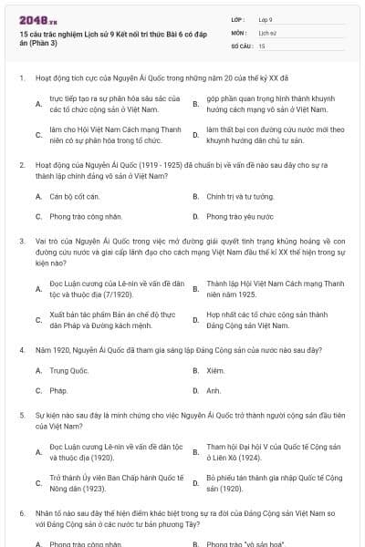 15 câu trắc nghiệm Lịch sử 9 Kết nối tri thức Bài 6 có đáp án (Phần 3)