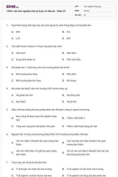 1200+ câu trắc nghiệm Hoá lý dược có đáp án - Phần 37