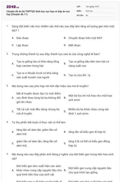 Chuyên đề ôn thi THPTQG Sinh học cực hay có đáp án cưc hay (Chuyên đề 11)
