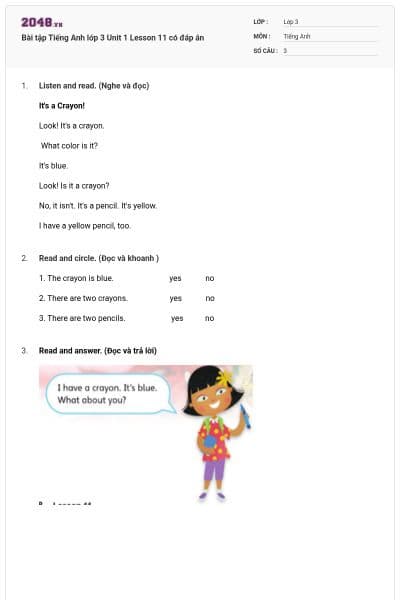 Bài tập Tiếng Anh lớp 3 Unit 1 Lesson 11 có đáp án