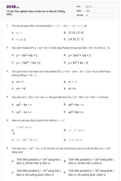 15 câu  Trắc nghiệm Hàm số bậc hai có đáp án (Thông hiểu)