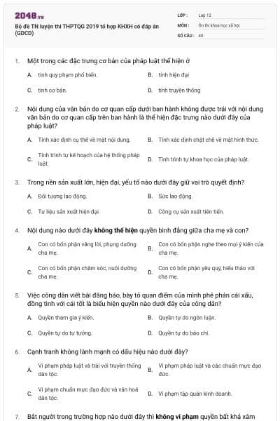 Bộ đề TN luyện thi THPTQG 2019 tổ hợp KHXH có đáp án (GDCD)