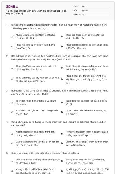 15 câu trắc nghiệm Lịch sử 9 Chân trời sáng tạo Bài 15 có đáp án (Phần 1)