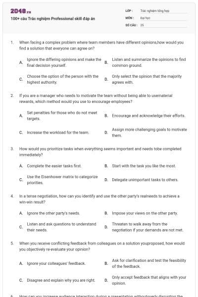 100+ câu Trắc nghiệm Professional skill đáp án